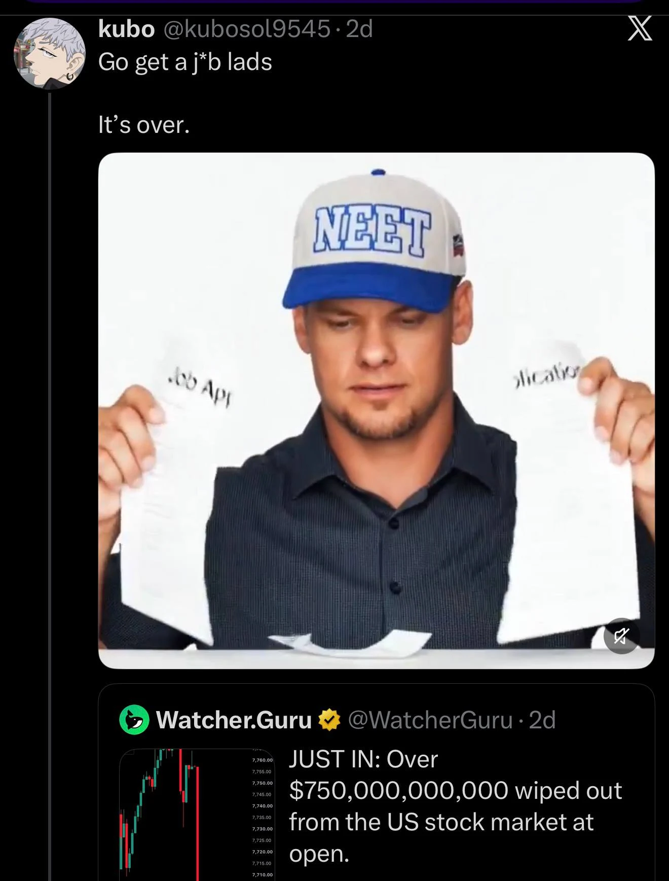 kubo, @kubosol9545, posts Go get a j*b lads. It’s over. with a meme and a Watcher.Guru stock market post.