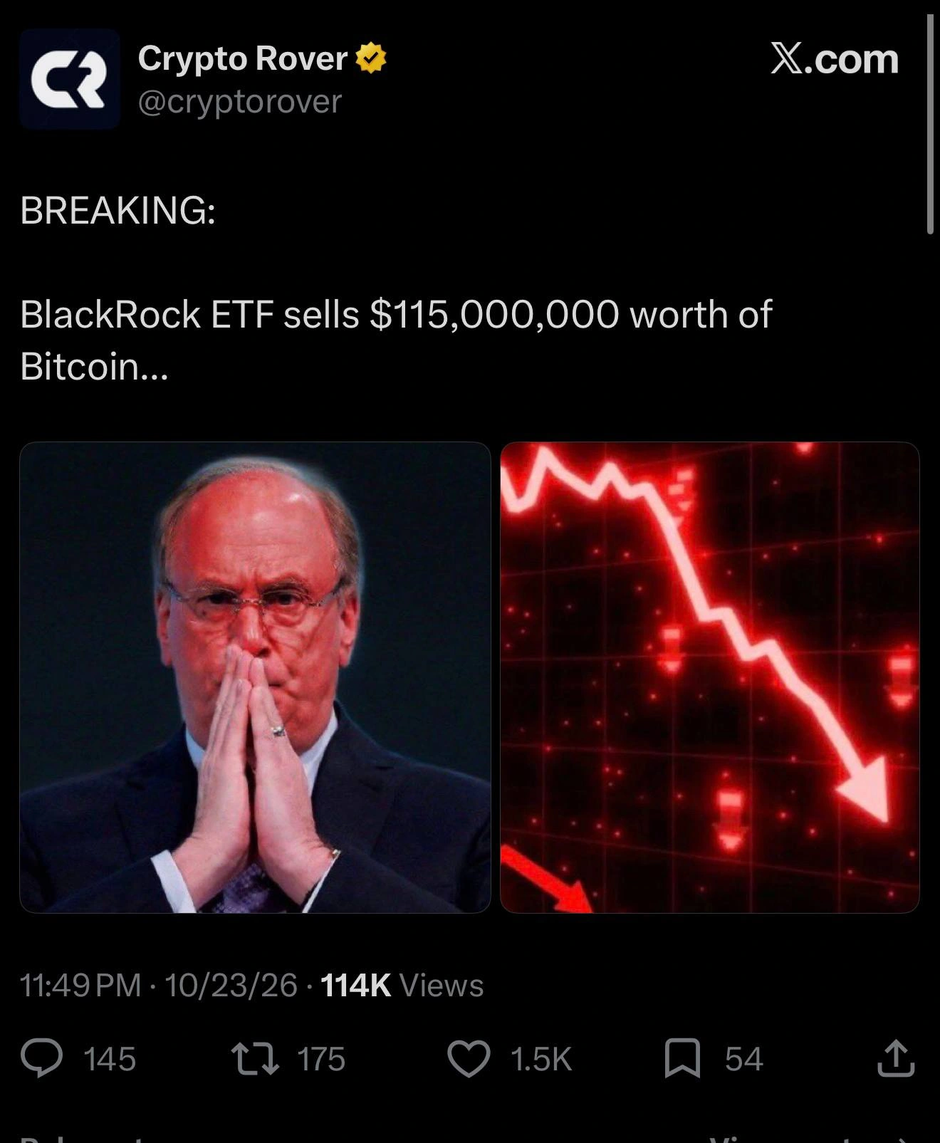 Screenshot of a Crypto Rover post about a Bitcoin ETF sale, with a portrait and a falling red chart.