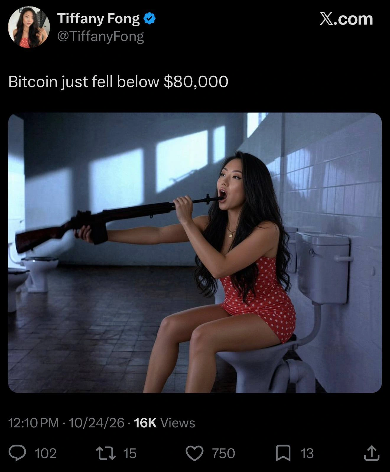 Screenshot of a Tiffany Fong post about Bitcoin falling below $80,000, with a meme photo.